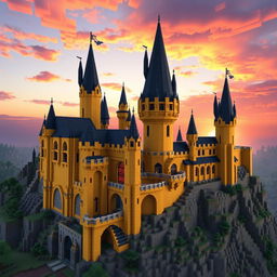 A Minecraft version of Hogwarts Castle from Harry Potter, entirely built with yellow blocks in various shades, emphasizing a unique and magical aesthetic