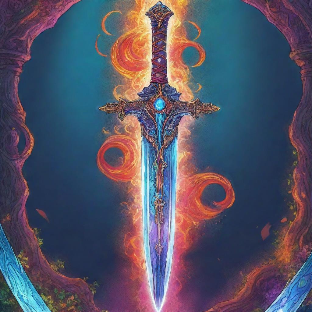 A flamboyant RPG magical sword in a vibrant, comic-style illustration. The sword exudes magical energy and displays intricate carvings.