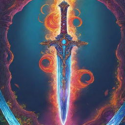 A flamboyant RPG magical sword in a vibrant, comic-style illustration. The sword exudes magical energy and displays intricate carvings.