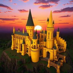 A Minecraft version of Hogwarts Castle from Harry Potter, entirely built with yellow blocks in various shades, emphasizing a unique and magical aesthetic