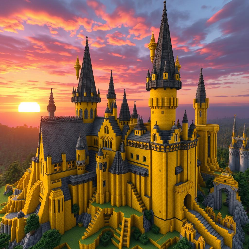 A Minecraft version of Hogwarts Castle from Harry Potter, entirely built with yellow blocks in various shades, emphasizing a unique and magical aesthetic