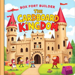 A vibrant and playful book cover illustration for "The Cardboard Kingdom" by Box Fort Builder