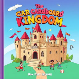 A vibrant and playful book cover illustration for "The Cardboard Kingdom" by Box Fort Builder