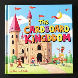 A vibrant and playful book cover illustration for "The Cardboard Kingdom" by Box Fort Builder