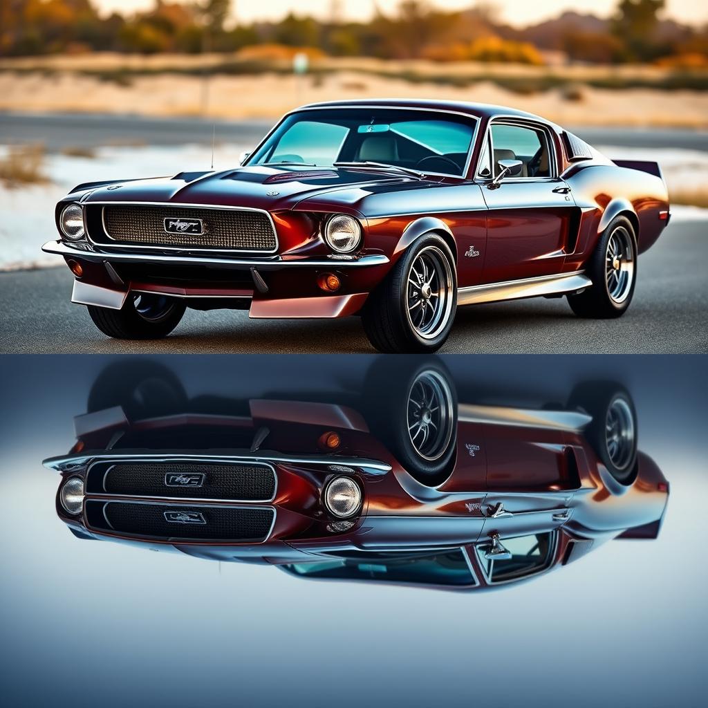 A 1967 Mustang Fastback reimagined with the styling of a 2024 Mustang, blending classic design with modern aesthetics