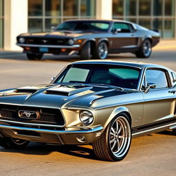 A 1967 Mustang Fastback reimagined with the styling of a 2024 Mustang, blending classic design with modern aesthetics