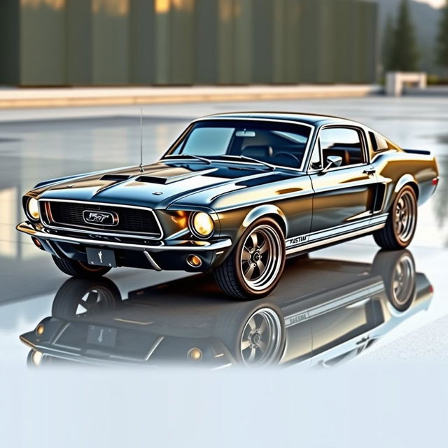 A 1967 Mustang Fastback reimagined with the styling of a 2024 Mustang, blending classic design with modern aesthetics