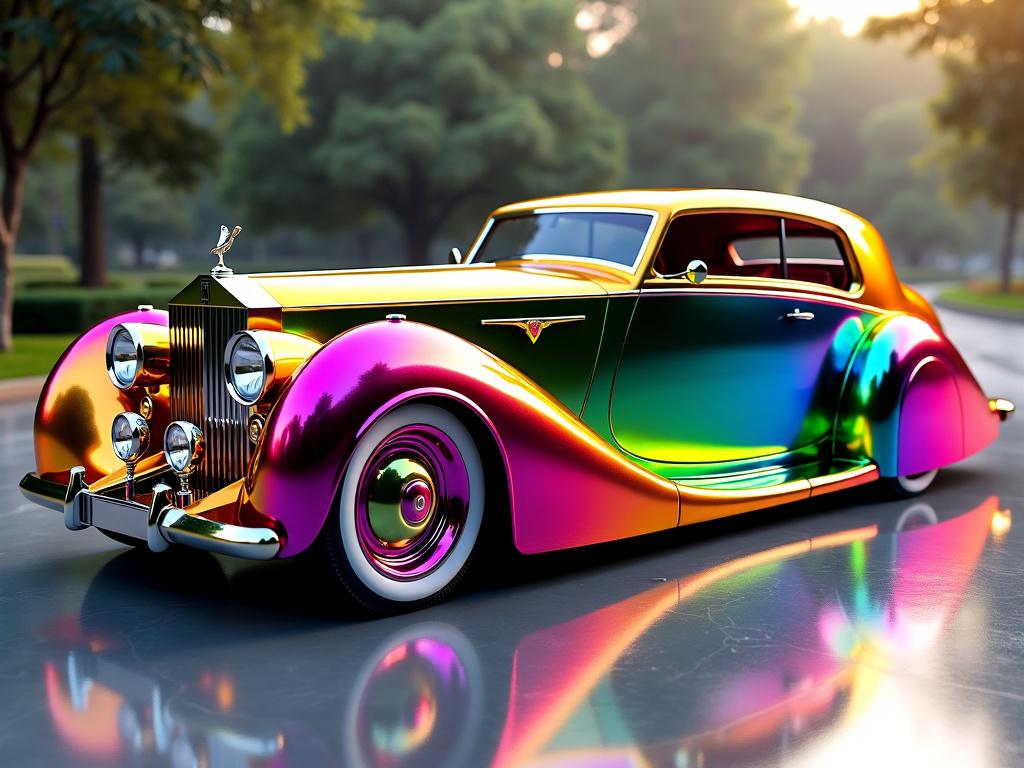 Beautiful future car concept featuring a custom-made vintage Rolls Royce Phantom with a striking full rainbow exterior