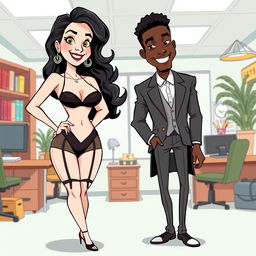 A cartoon illustration of a confident white businesswoman with dark, curly hair, dressed in elegant lingerie