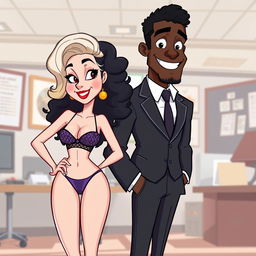 A cartoon illustration of a confident white businesswoman with dark, curly hair, dressed in elegant lingerie