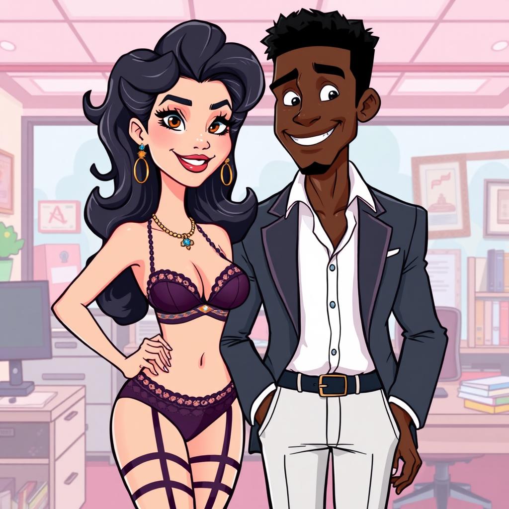 A cartoon illustration of a confident white businesswoman with dark, curly hair, dressed in elegant lingerie