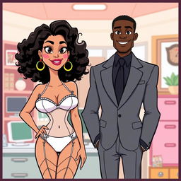 A cartoon illustration of a confident white businesswoman with dark, curly hair, dressed in elegant lingerie