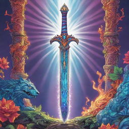 A flamboyant RPG magical sword in a vibrant, comic-style illustration. The sword exudes magical energy and displays intricate carvings.