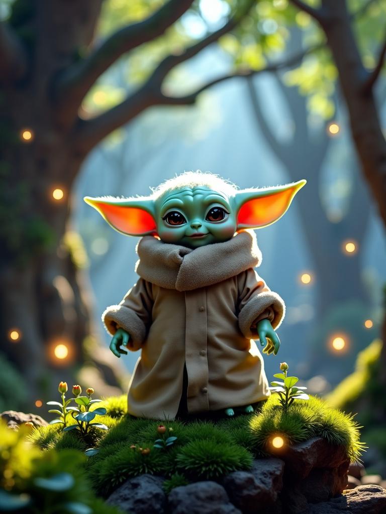 A high-definition Star Wars themed poster showcasing the beloved character Baby Yoda, also known as Grogu, in a serene and enchanting forest setting