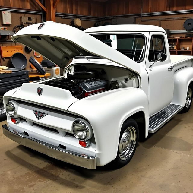 A 1953 Ford F100 pickup truck, brilliantly restored and customized with a powerful 7