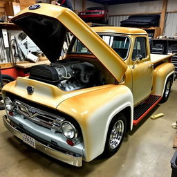 A 1953 Ford F100 pickup truck, brilliantly restored and customized with a powerful 7