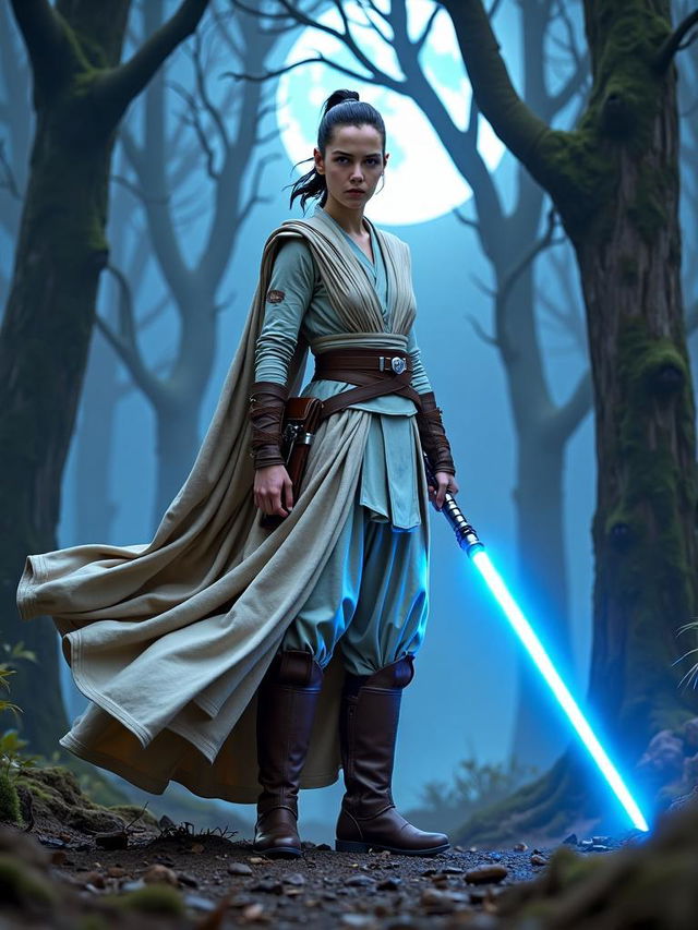 A high-definition Star Wars themed poster featuring Rey, the iconic heroine of the Star Wars saga