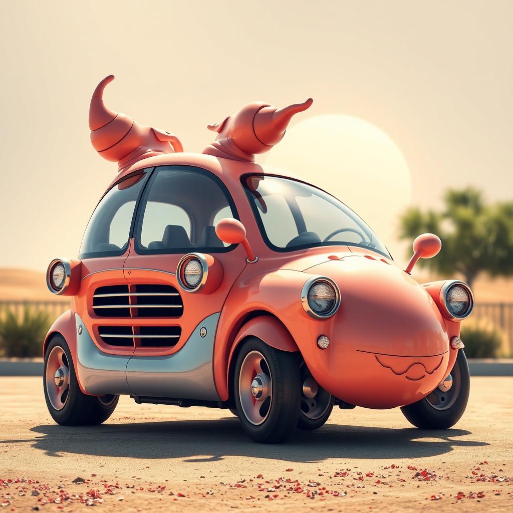 A whimsical, surreal concept car humorously designed to resemble a fantastical vehicle with phallic-shaped features