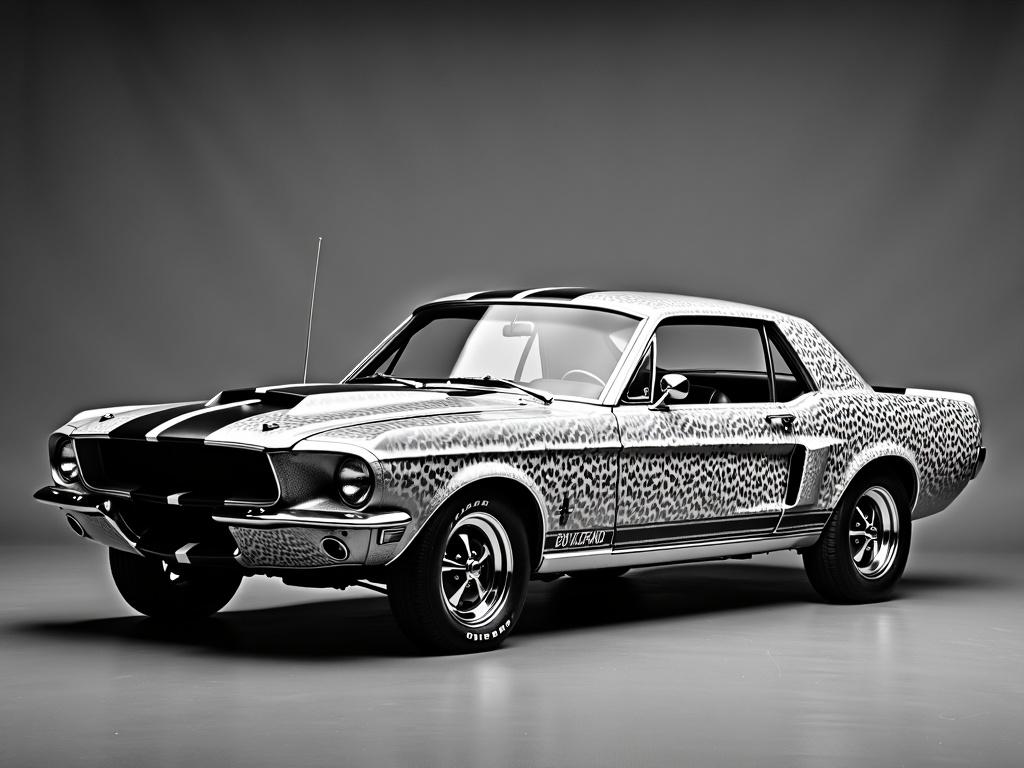 Black and white, grainy photo capturing a classic Mustang with an eye-catching leopard print exterior