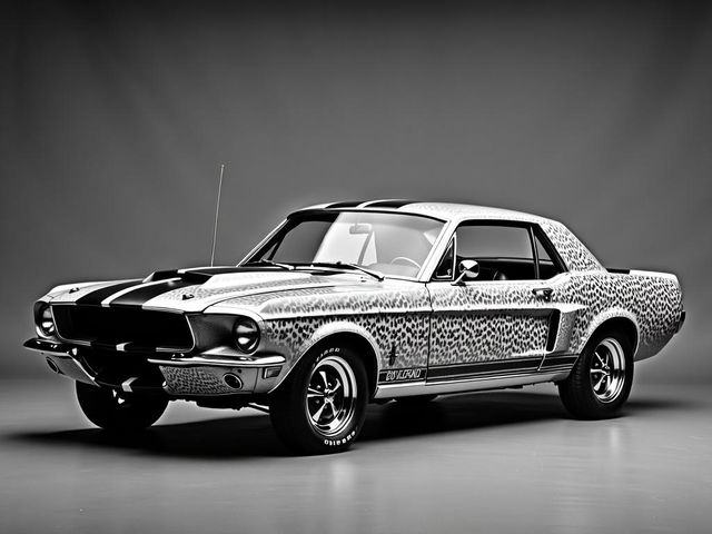 Black and white, grainy photo capturing a classic Mustang with an eye-catching leopard print exterior