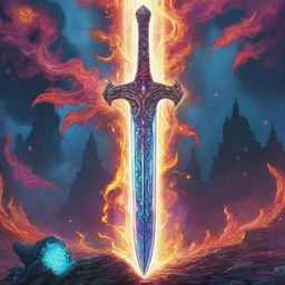 A flamboyant RPG magical sword in a vibrant, comic-style illustration. The sword exudes magical energy and displays intricate carvings.