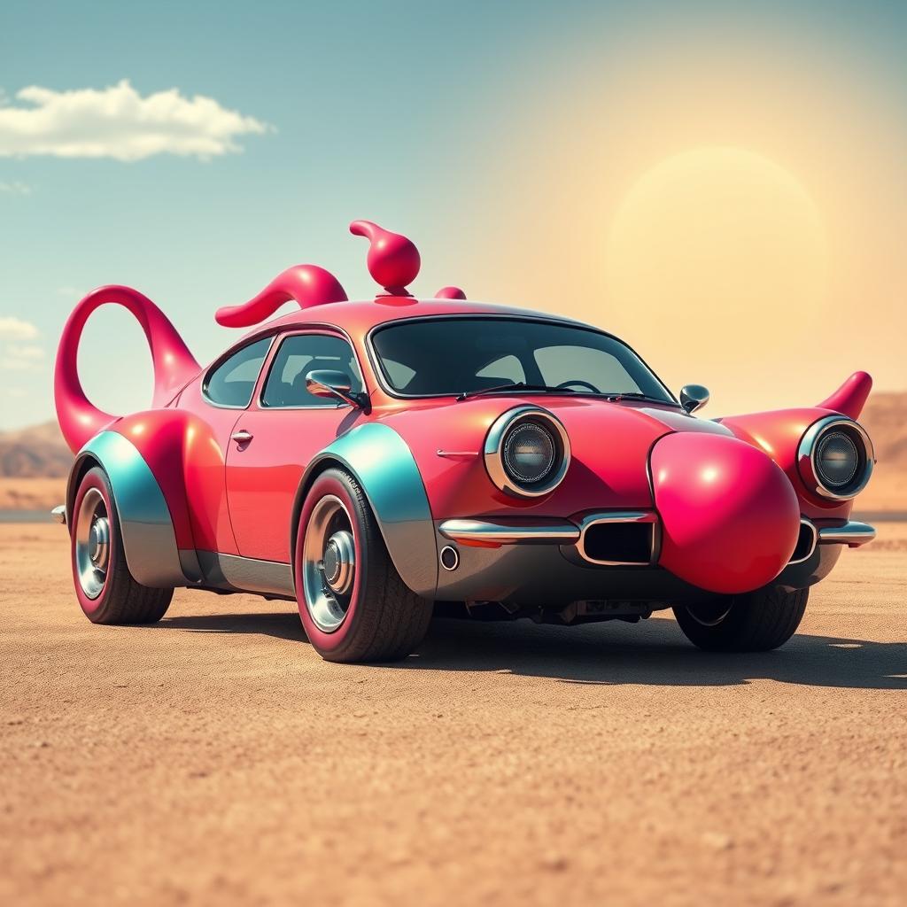 A whimsical, surreal concept car humorously designed to resemble a fantastical vehicle with phallic-shaped features