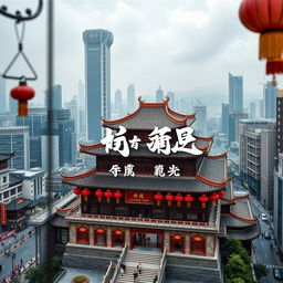 A captivating book cover design showcasing a fusion of traditional and modern architecture with a Guangdong city castle