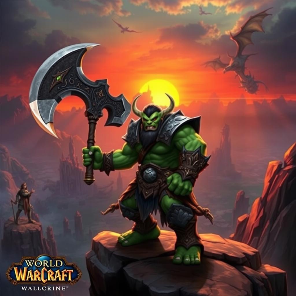 a dynamic scene in the World of Warcraft universe, featuring a powerful Orc warrior wielding a massive axe, standing on a rocky cliff