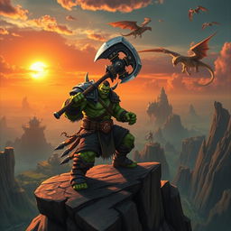 a dynamic scene in the World of Warcraft universe, featuring a powerful Orc warrior wielding a massive axe, standing on a rocky cliff