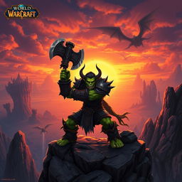 a dynamic scene in the World of Warcraft universe, featuring a powerful Orc warrior wielding a massive axe, standing on a rocky cliff