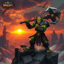 a dynamic scene in the World of Warcraft universe, featuring a powerful Orc warrior wielding a massive axe, standing on a rocky cliff