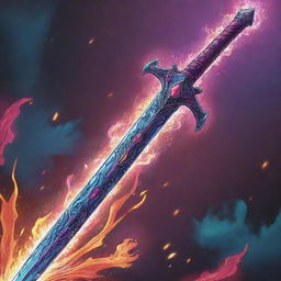 A flamboyant RPG magical sword in a vibrant, comic-style illustration. The sword exudes magical energy and displays intricate carvings.