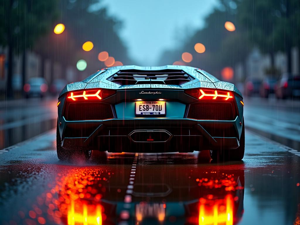 The rear view of a Lamborghini Aventador with its lights on, captured during a heavy rain at night