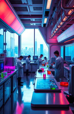 A futuristic laboratory filled with advanced scientific equipment and glowing monitors