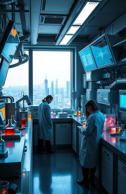 A futuristic laboratory filled with advanced scientific equipment and glowing monitors