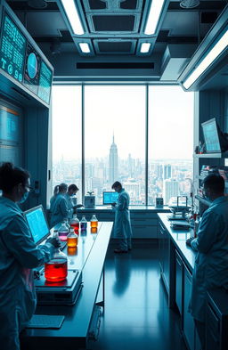 A futuristic laboratory filled with advanced scientific equipment and glowing monitors