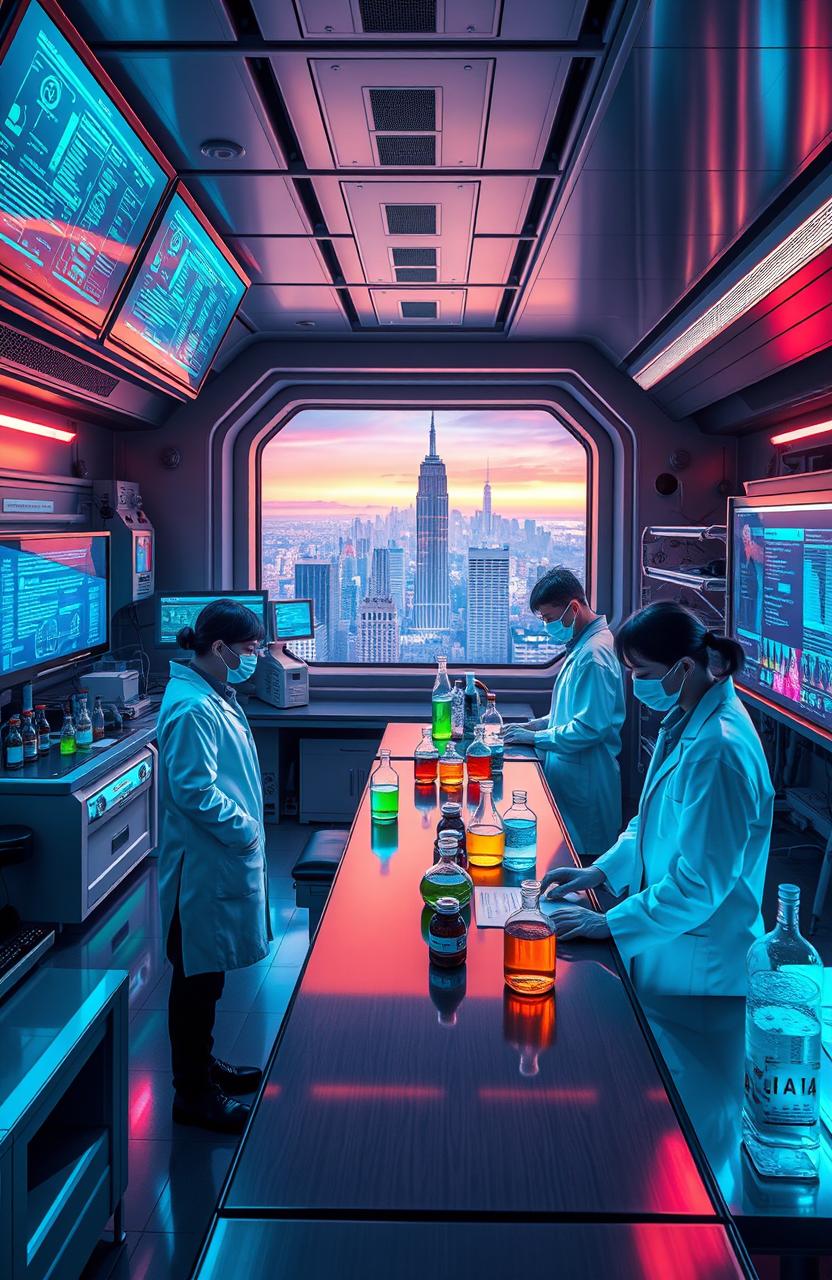 A futuristic laboratory filled with advanced scientific equipment and glowing monitors