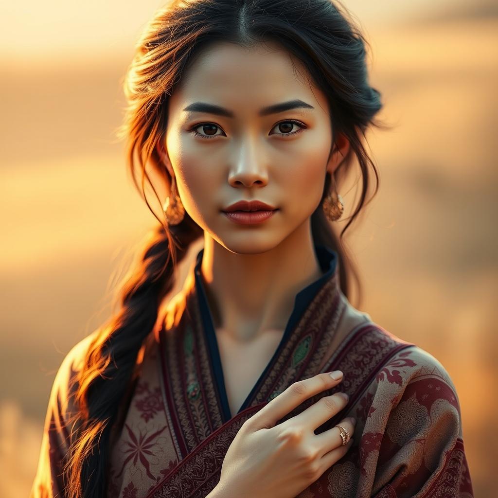 A portrait of an Asian woman known as Sixi, capturing her essence with a serene and confident expression