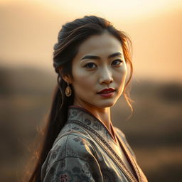 A portrait of an Asian woman known as Sixi, capturing her essence with a serene and confident expression