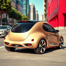 A creatively designed concept car humorously styled to resemble voluptuous curves and exaggerated features reminiscent of a human posterior