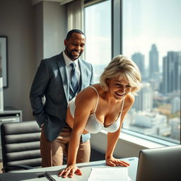 A white woman in her 50s wearing a bra and stockings, bending over an office desk