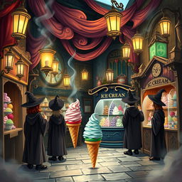 A magical scene inspired by Harry Potter, featuring an enchanting ice cream shop in Diagon Alley