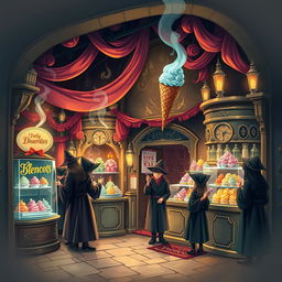 A magical scene inspired by Harry Potter, featuring an enchanting ice cream shop in Diagon Alley