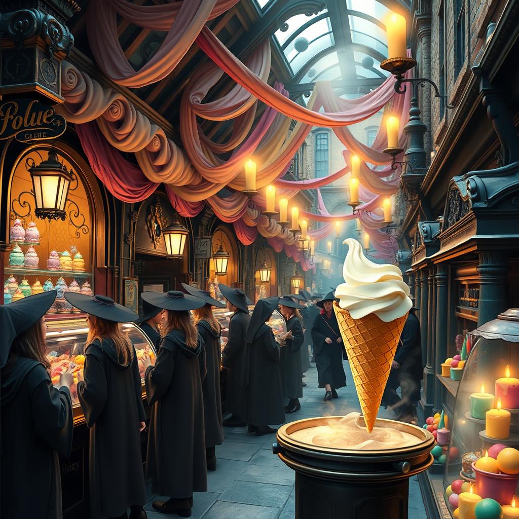 A magical scene inspired by Harry Potter, featuring an enchanting ice cream shop in Diagon Alley