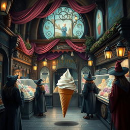 A magical scene inspired by Harry Potter, featuring an enchanting ice cream shop in Diagon Alley