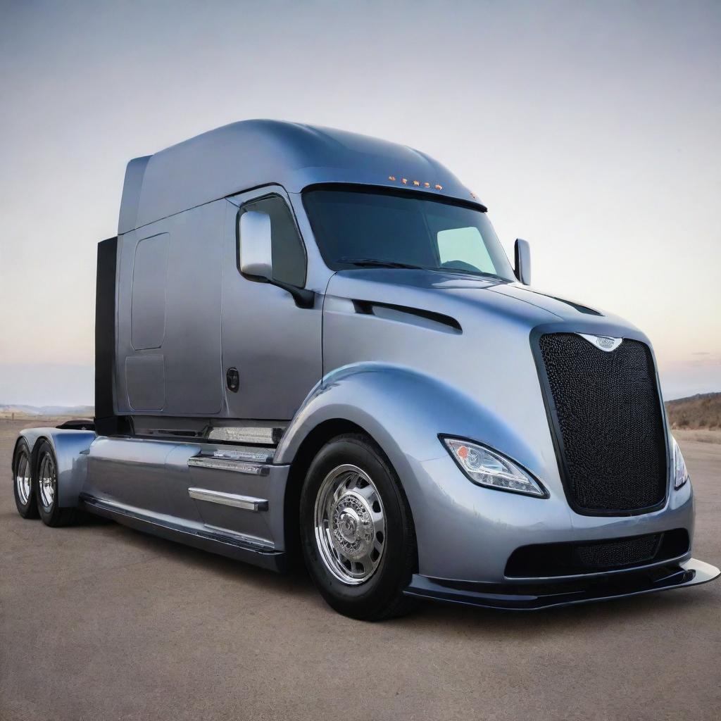 Imagine a robust Freightliner semi-truck combined with the aerodynamic aesthetics and raw power of a Devel Sixteen, leading to an extraordinarily powerful super truck concept