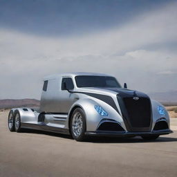 Imagine a robust Freightliner semi-truck combined with the aerodynamic aesthetics and raw power of a Devel Sixteen, leading to an extraordinarily powerful super truck concept