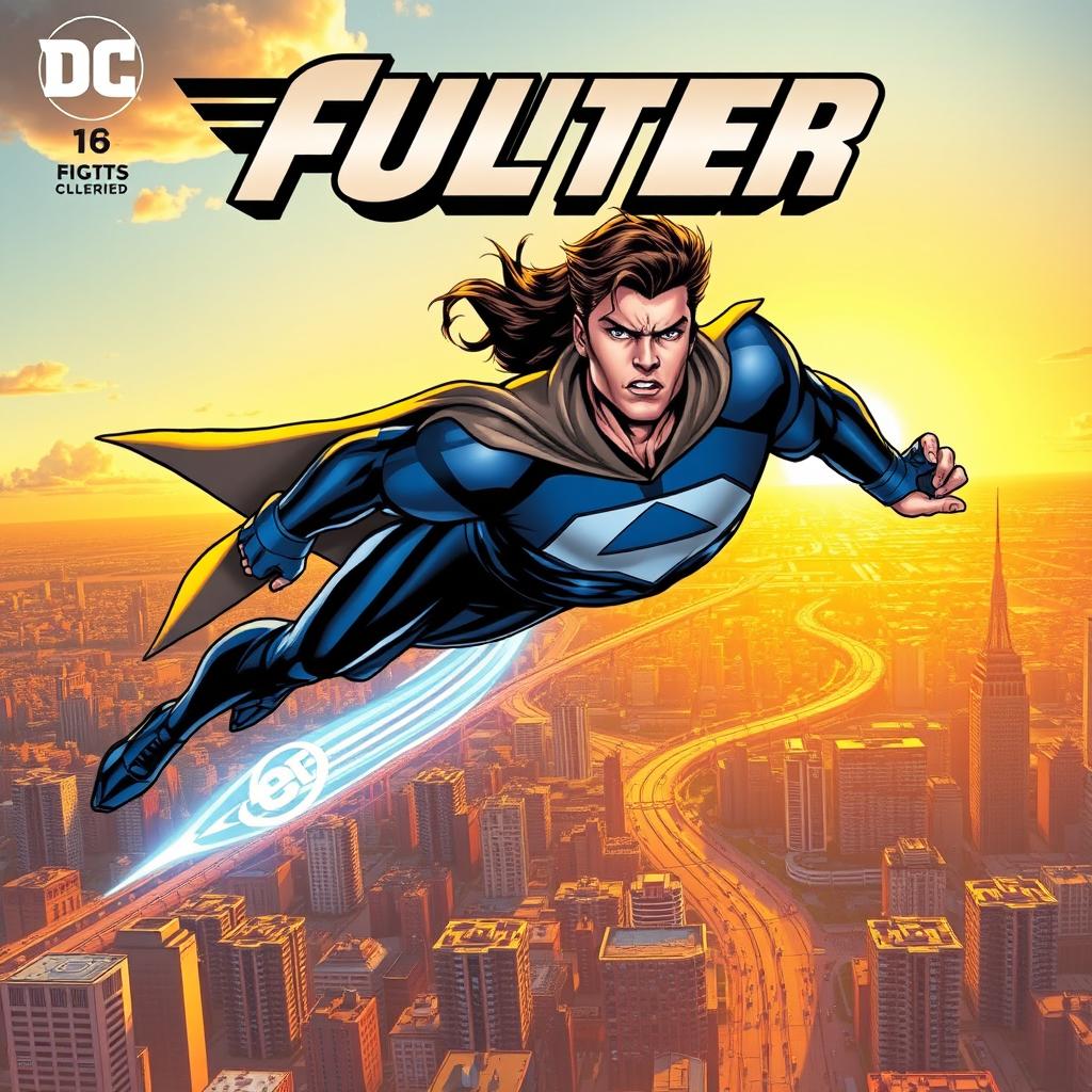 A dynamic comic book cover featuring a powerful superhero in action