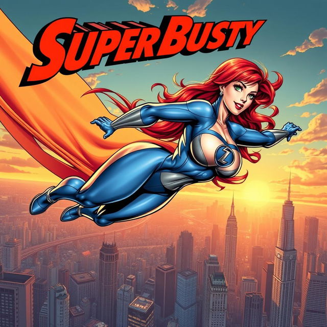 A thrilling comic book cover featuring a super busty, red-headed female superhero in action