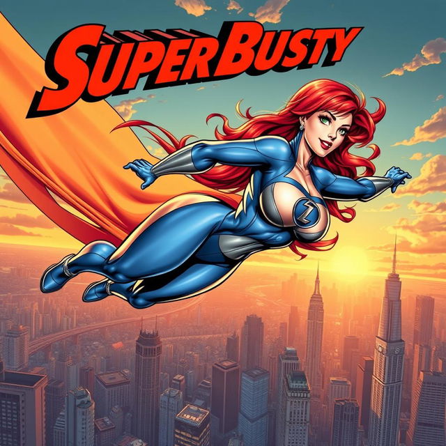 A thrilling comic book cover featuring a super busty, red-headed female superhero in action